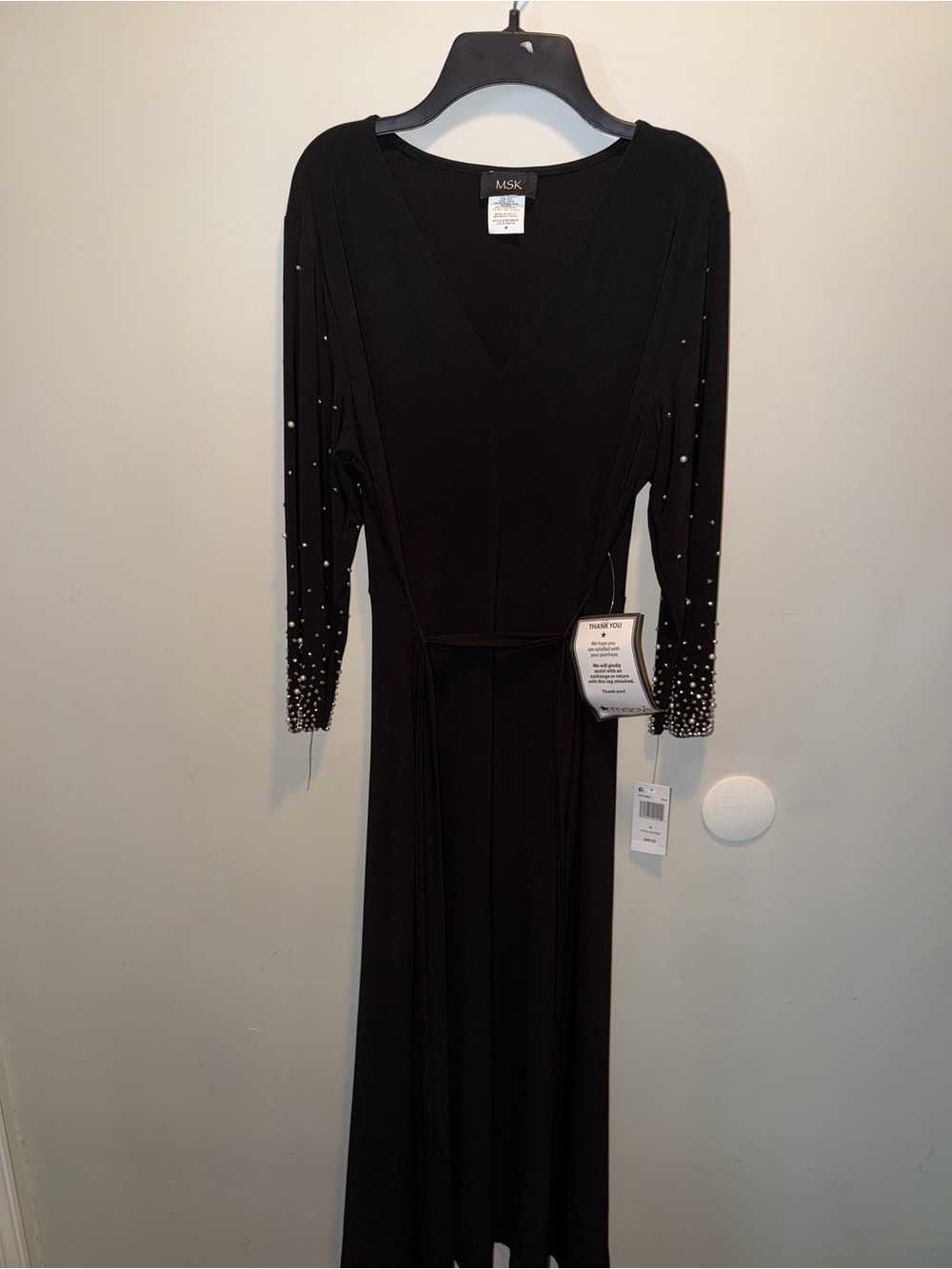 MSK Black Long-Sleeve Pearl-Accent V-Neck Maxi Dress